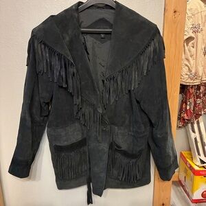 SOLD! Vintage Marlo’s Fringed Black Suede Jacket Sz M Button